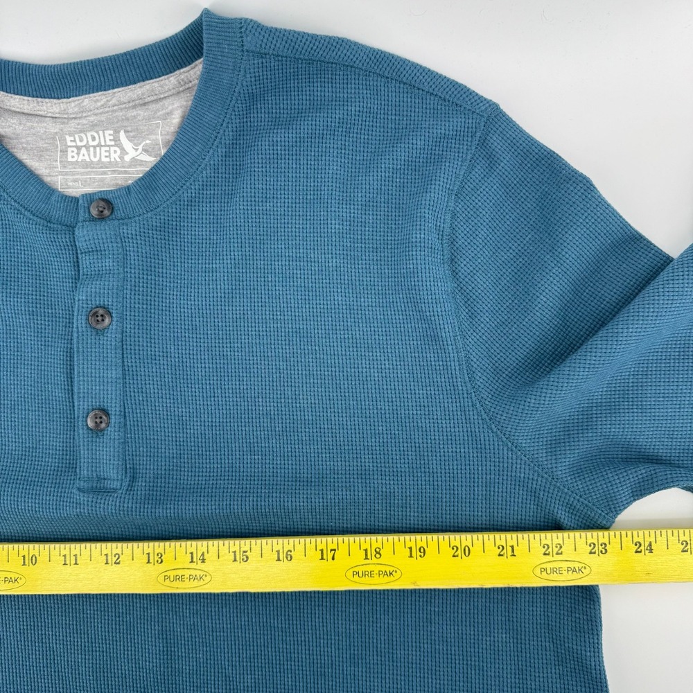 Eddie Bauer Mens Henley Shirt Large Blue Waffle Knit Thermal Long Sleeve Cotton - Picture 5 of 7